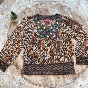 EMBELLISHED Leopard Print Top‎ with Faux Stone Details Size S